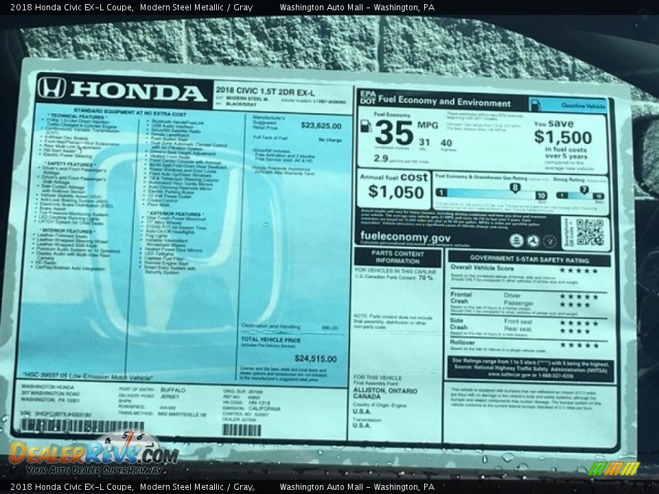 2018 Honda Civic EX-L Coupe Window Sticker Photo #28