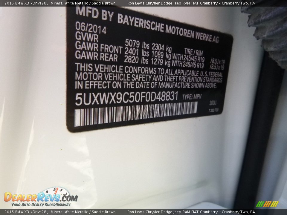 2015 BMW X3 xDrive28i Mineral White Metallic / Saddle Brown Photo #16
