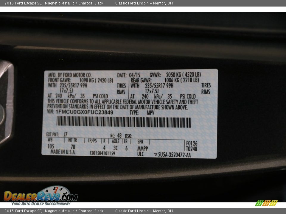 2015 Ford Escape SE Magnetic Metallic / Charcoal Black Photo #19