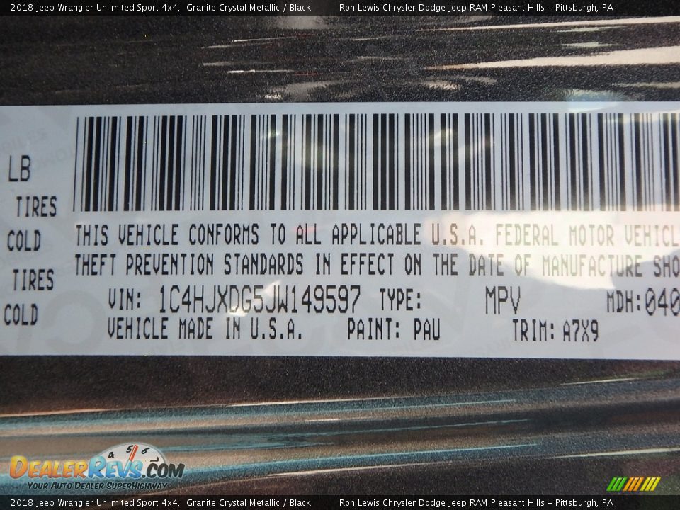 2018 Jeep Wrangler Unlimited Sport 4x4 Granite Crystal Metallic / Black Photo #14