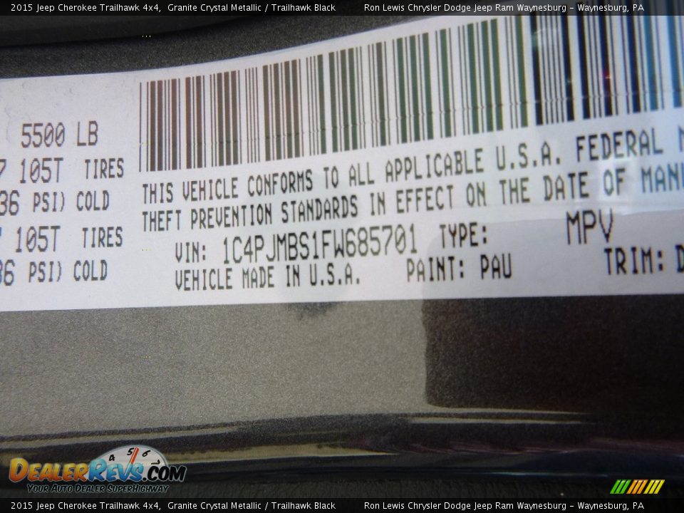 2015 Jeep Cherokee Trailhawk 4x4 Granite Crystal Metallic / Trailhawk Black Photo #15