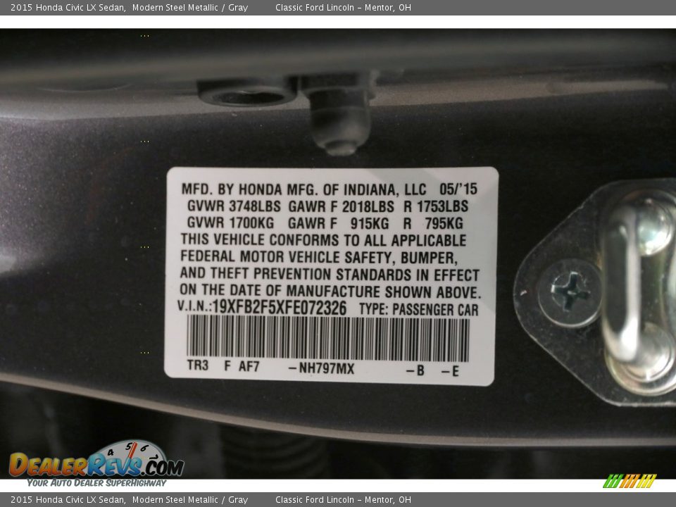 2015 Honda Civic LX Sedan Modern Steel Metallic / Gray Photo #19