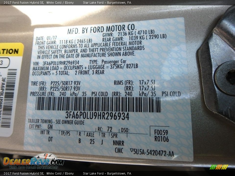 2017 Ford Fusion Hybrid SE White Gold / Ebony Photo #13