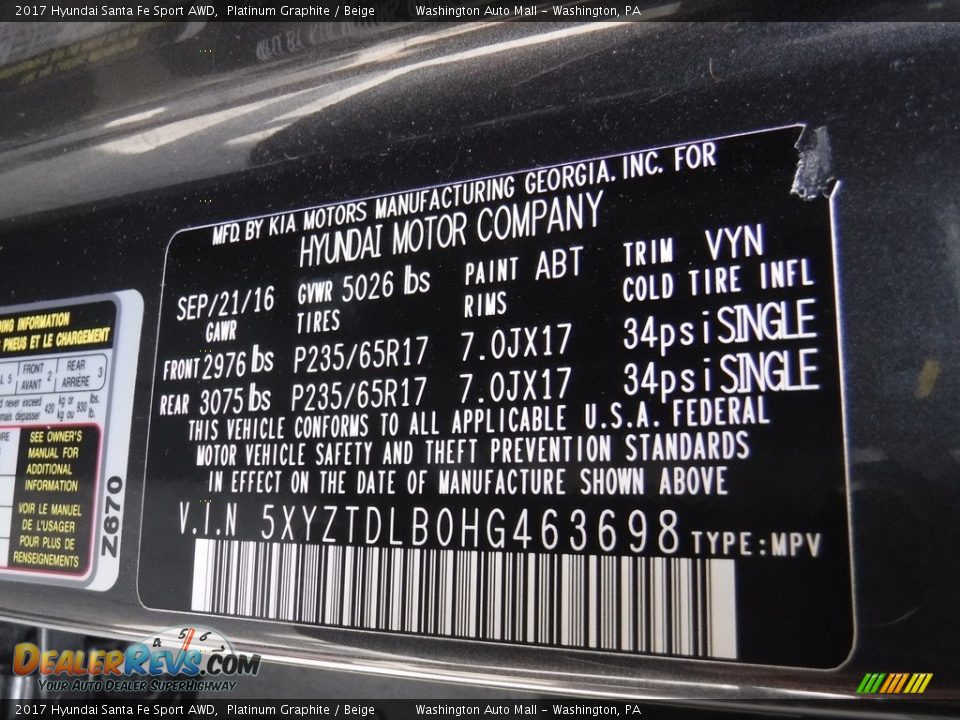 2017 Hyundai Santa Fe Sport AWD Platinum Graphite / Beige Photo #23