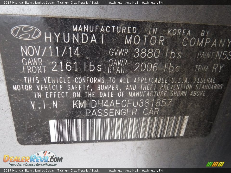 2015 Hyundai Elantra Limited Sedan Titanium Gray Metallic / Black Photo #24