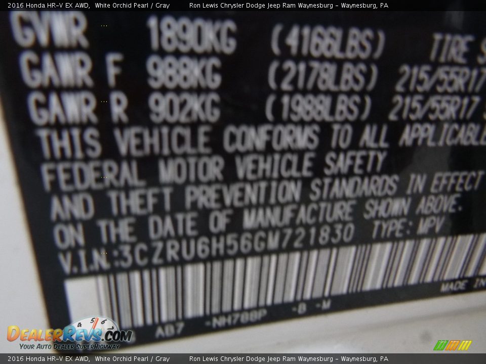 2016 Honda HR-V EX AWD White Orchid Pearl / Gray Photo #16