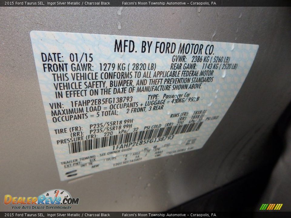 2015 Ford Taurus SEL Ingot Silver Metallic / Charcoal Black Photo #23