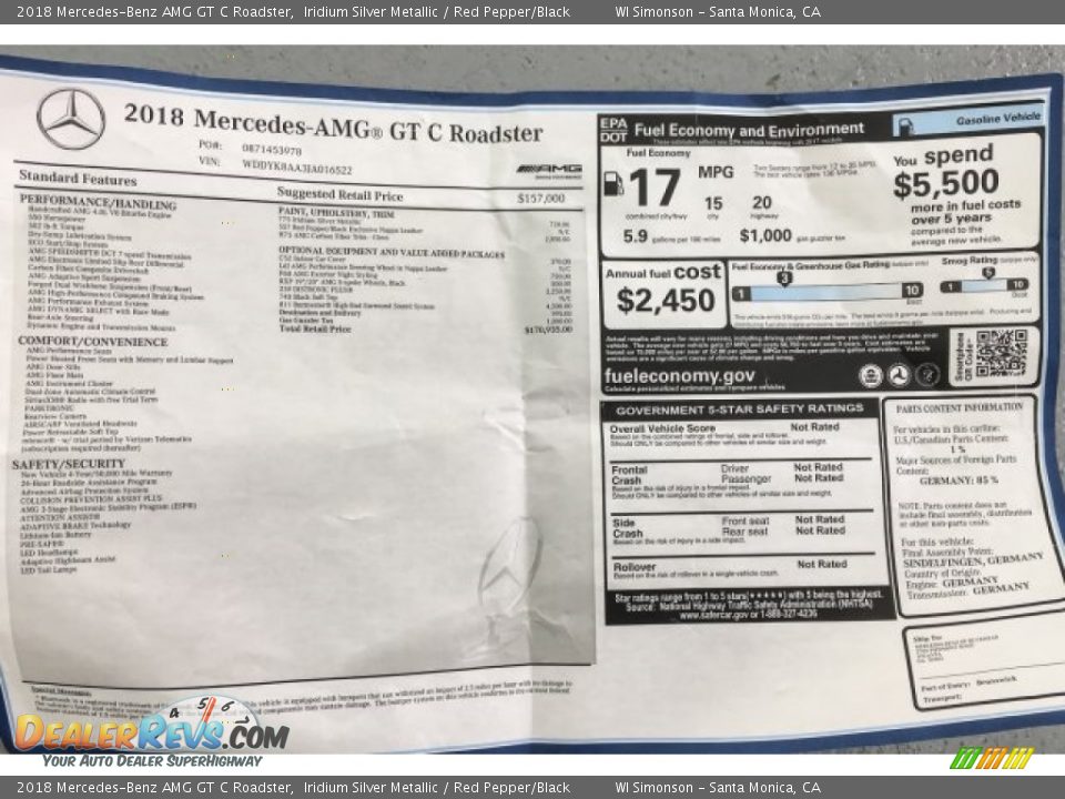 2018 Mercedes-Benz AMG GT C Roadster Window Sticker Photo #26