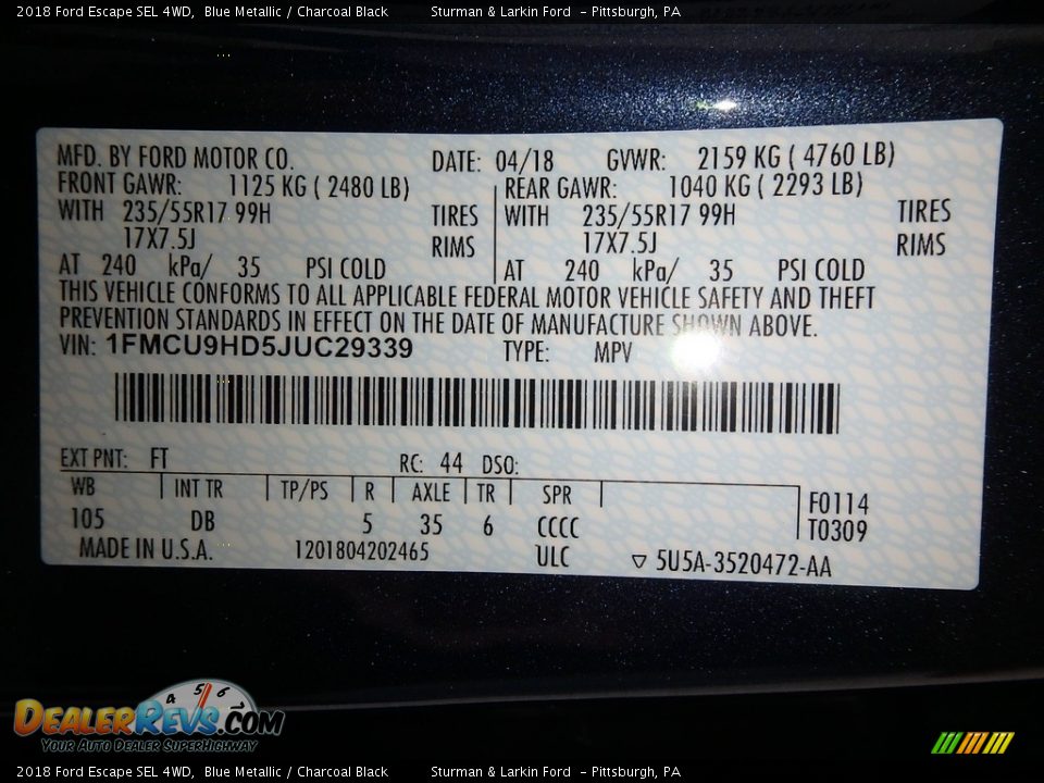 2018 Ford Escape SEL 4WD Blue Metallic / Charcoal Black Photo #10