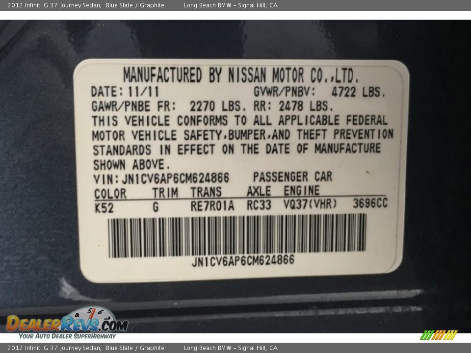 2012 Infiniti G 37 Journey Sedan Blue Slate / Graphite Photo #20