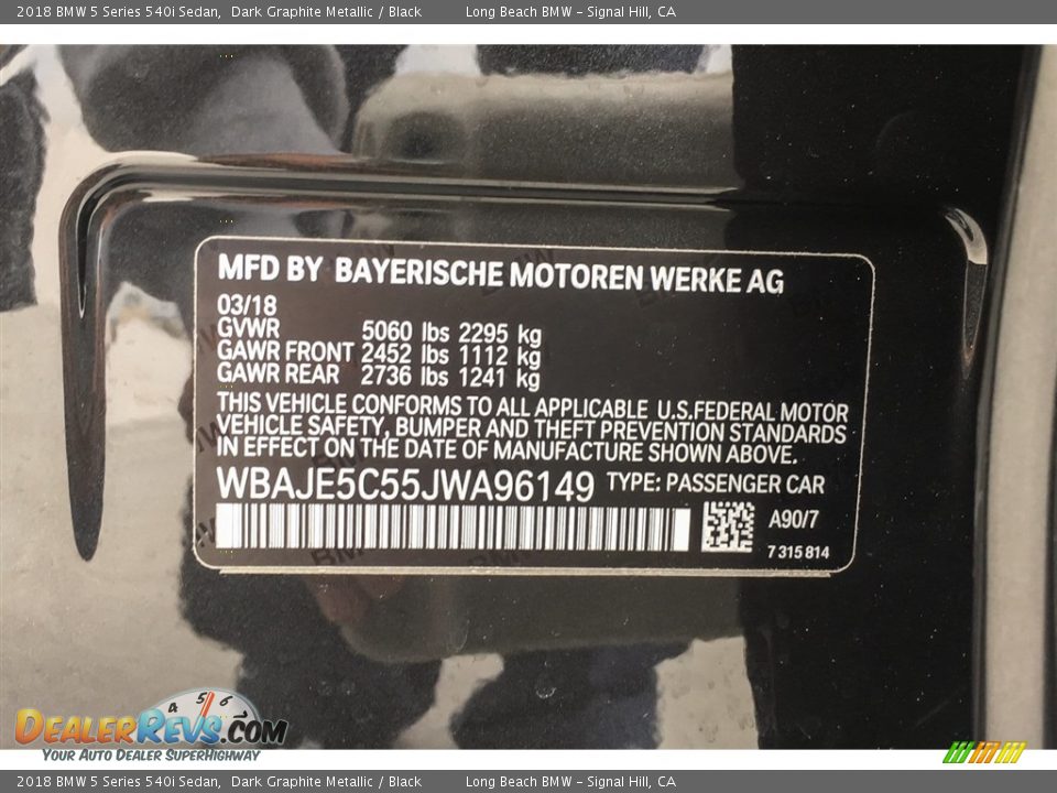 2018 BMW 5 Series 540i Sedan Dark Graphite Metallic / Black Photo #10