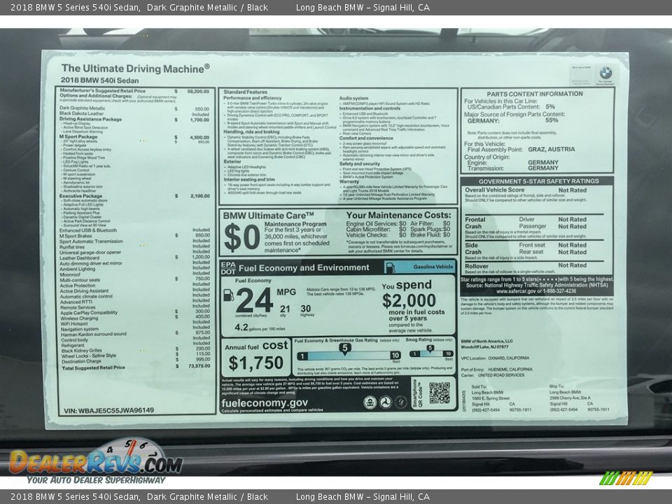 2018 BMW 5 Series 540i Sedan Dark Graphite Metallic / Black Photo #11