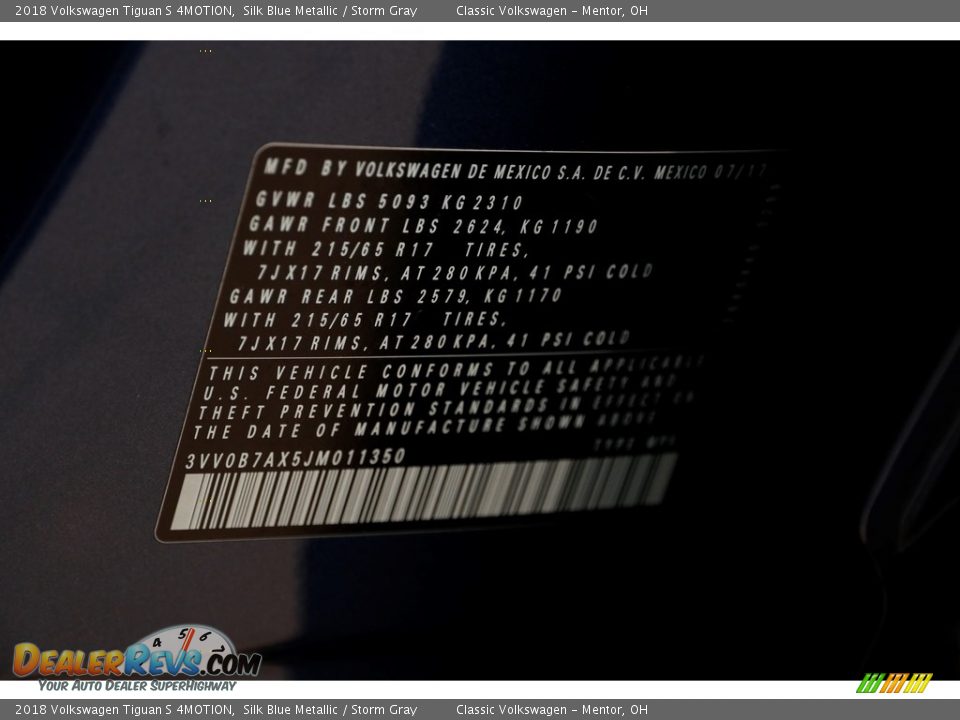 2018 Volkswagen Tiguan S 4MOTION Silk Blue Metallic / Storm Gray Photo #21