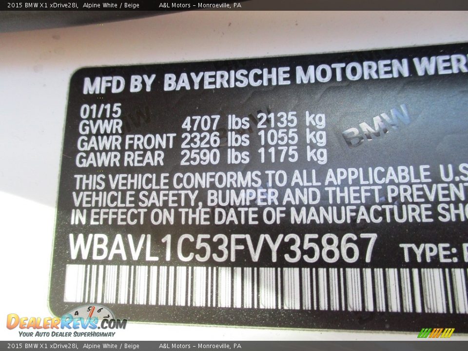 2015 BMW X1 xDrive28i Alpine White / Beige Photo #19