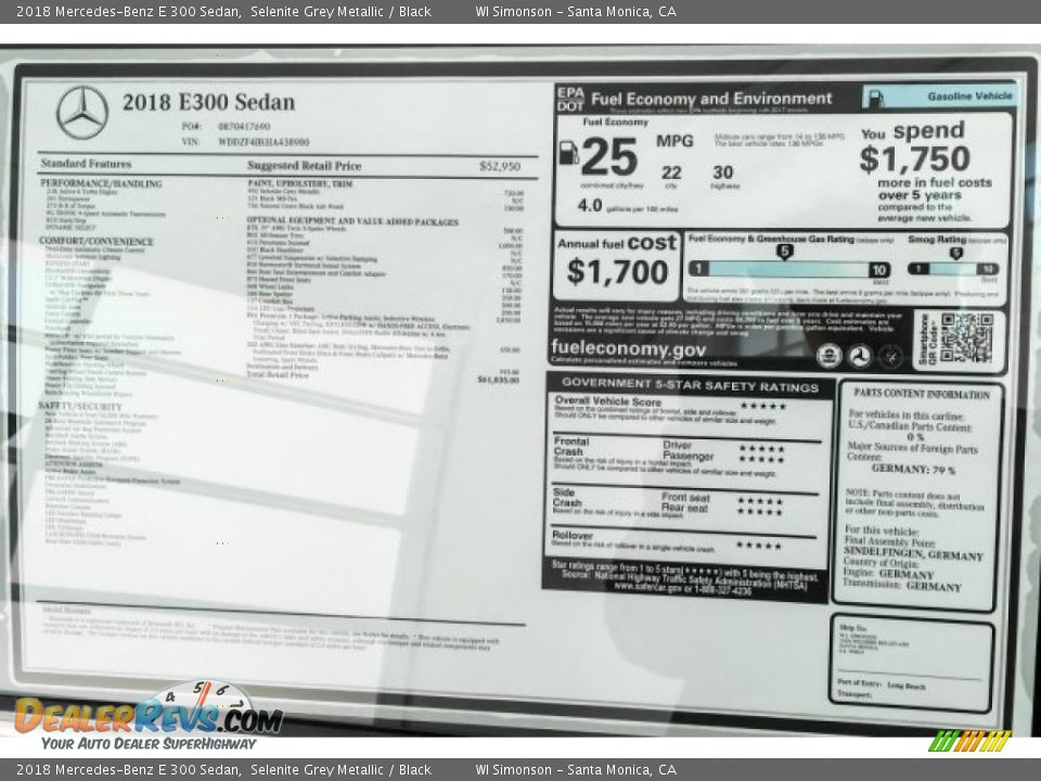 2018 Mercedes-Benz E 300 Sedan Selenite Grey Metallic / Black Photo #10