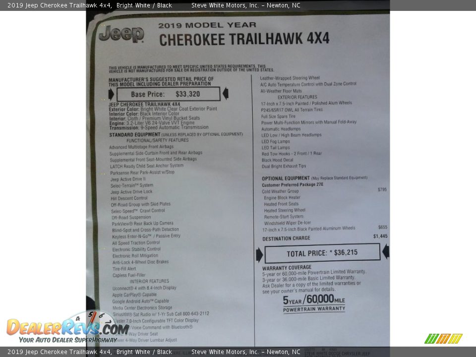 2019 Jeep Cherokee Trailhawk 4x4 Bright White / Black Photo #34
