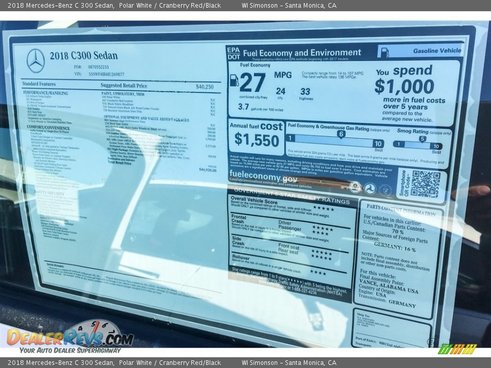 2018 Mercedes-Benz C 300 Sedan Polar White / Cranberry Red/Black Photo #10