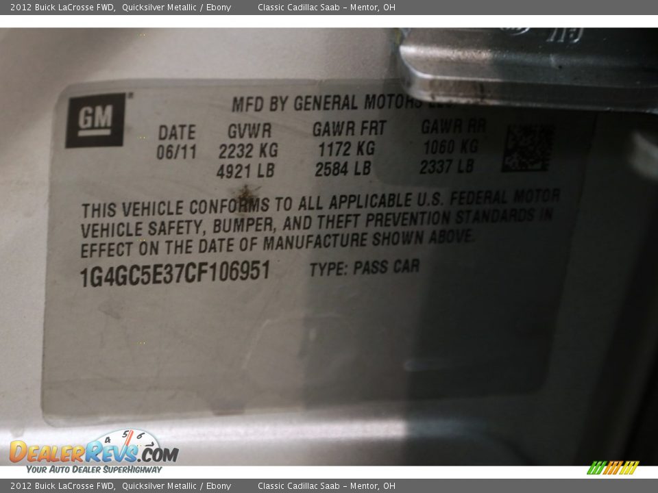 2012 Buick LaCrosse FWD Quicksilver Metallic / Ebony Photo #20