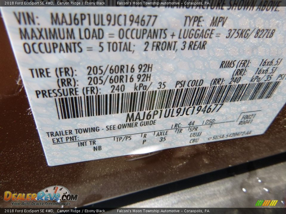 2018 Ford EcoSport SE 4WD Canyon Ridge / Ebony Black Photo #12