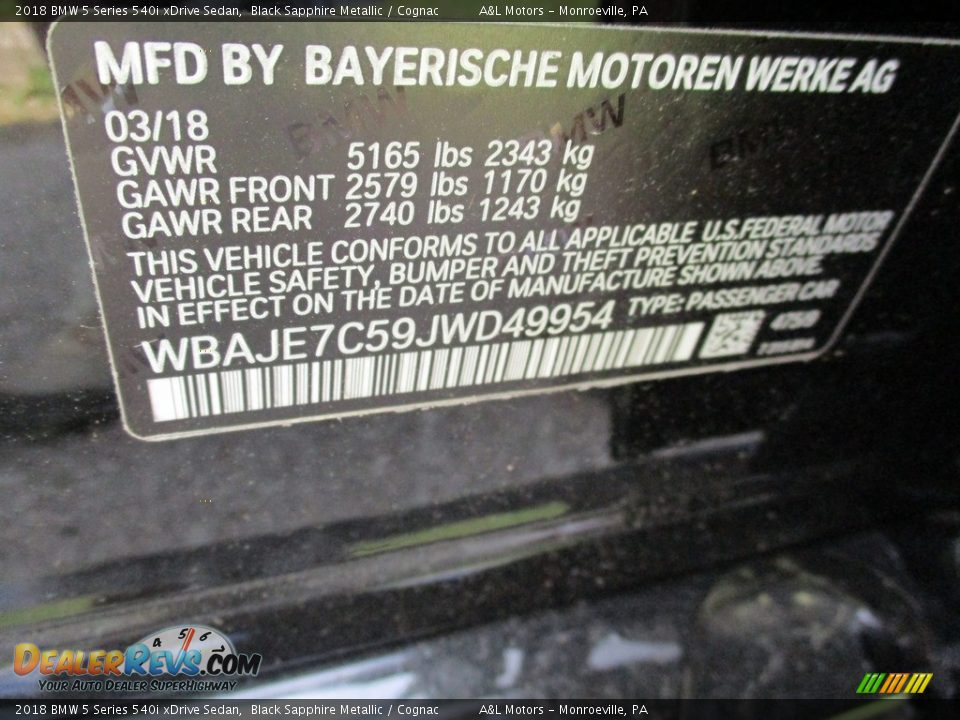 2018 BMW 5 Series 540i xDrive Sedan Black Sapphire Metallic / Cognac Photo #15