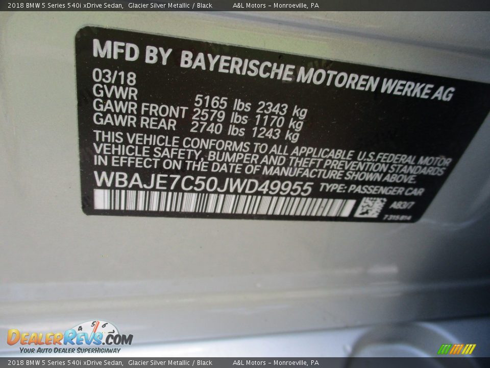 2018 BMW 5 Series 540i xDrive Sedan Glacier Silver Metallic / Black Photo #19