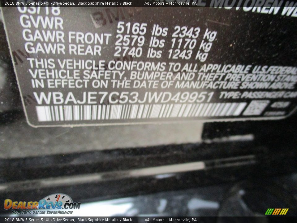 2018 BMW 5 Series 540i xDrive Sedan Black Sapphire Metallic / Black Photo #19
