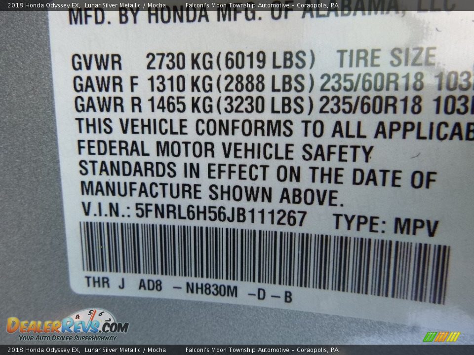 2018 Honda Odyssey EX Lunar Silver Metallic / Mocha Photo #13