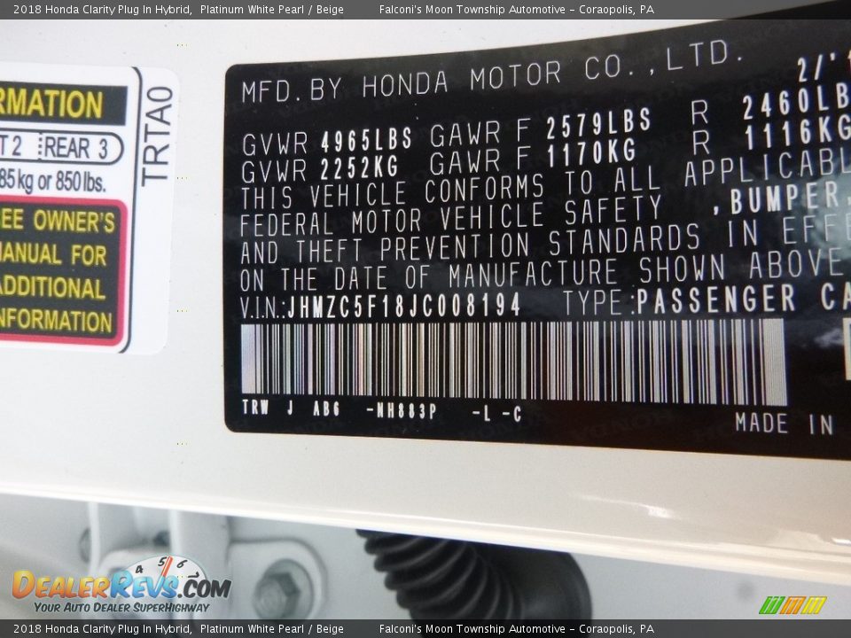 2018 Honda Clarity Plug In Hybrid Platinum White Pearl / Beige Photo #11
