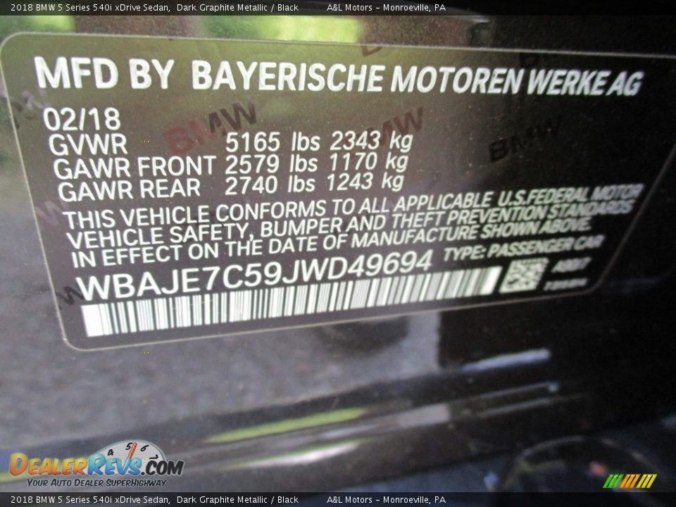 2018 BMW 5 Series 540i xDrive Sedan Dark Graphite Metallic / Black Photo #19