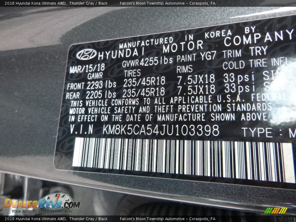 2018 Hyundai Kona Ultimate AWD Thunder Gray / Black Photo #11