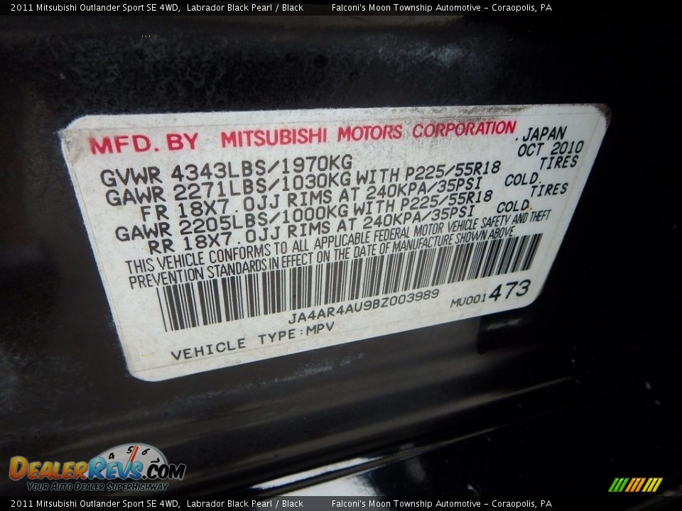 2011 Mitsubishi Outlander Sport SE 4WD Labrador Black Pearl / Black Photo #24