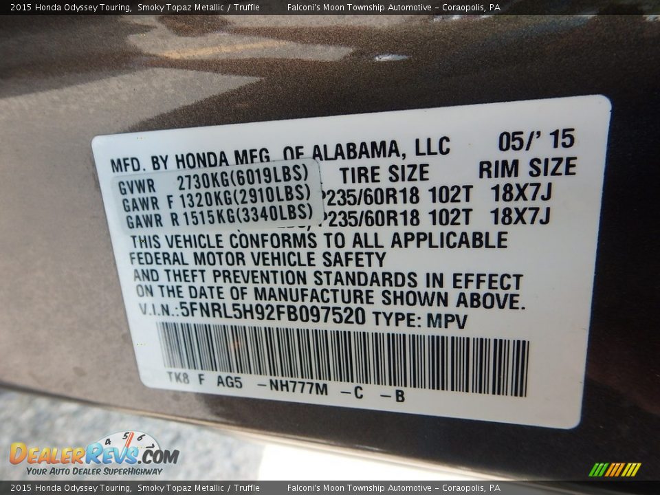 2015 Honda Odyssey Touring Smoky Topaz Metallic / Truffle Photo #23