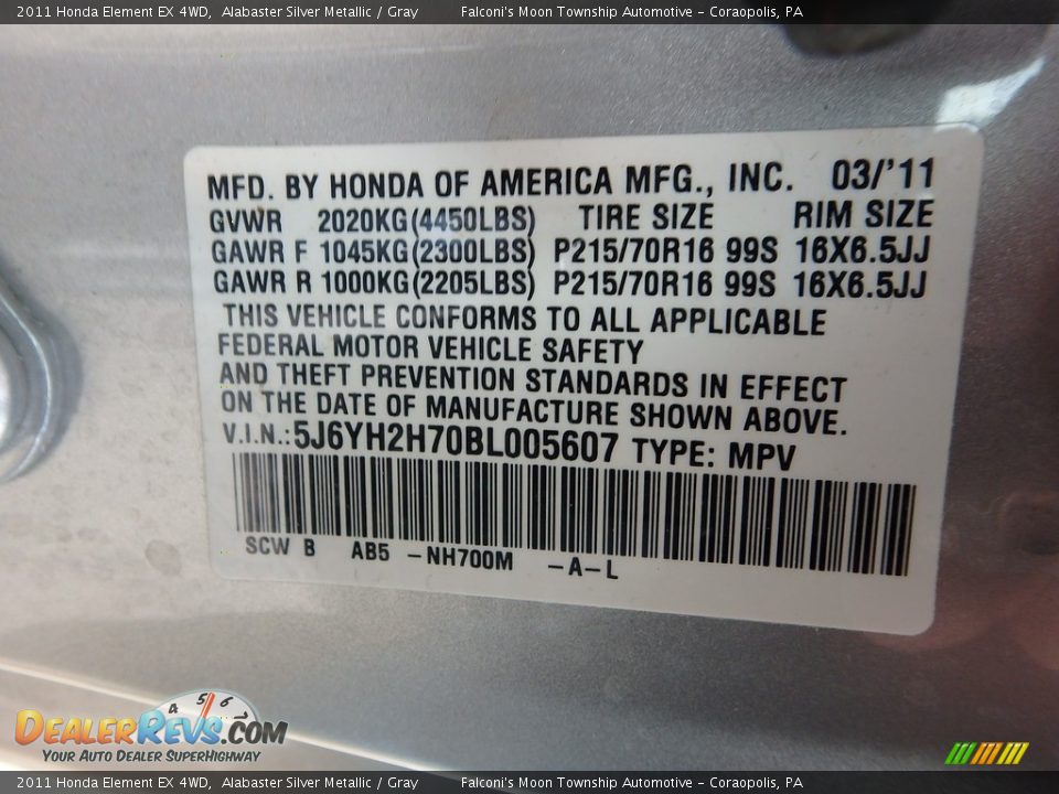 2011 Honda Element EX 4WD Alabaster Silver Metallic / Gray Photo #24