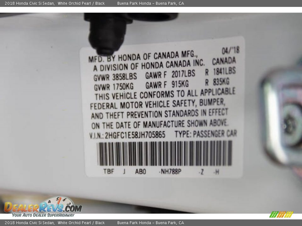 2018 Honda Civic Si Sedan White Orchid Pearl / Black Photo #30