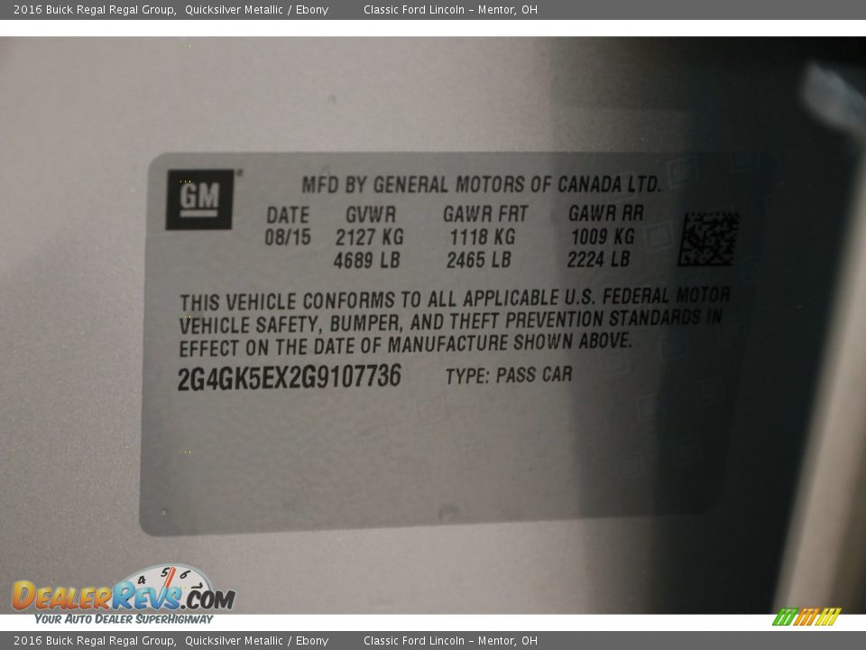 2016 Buick Regal Regal Group Quicksilver Metallic / Ebony Photo #25