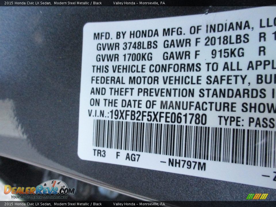 2015 Honda Civic LX Sedan Modern Steel Metallic / Black Photo #19