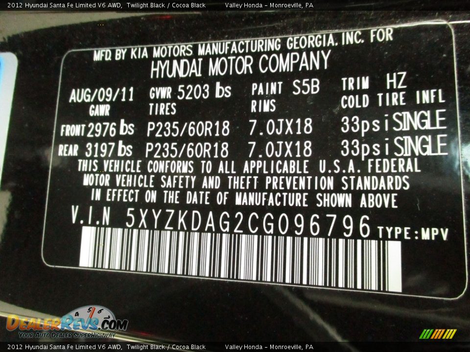 2012 Hyundai Santa Fe Limited V6 AWD Twilight Black / Cocoa Black Photo #19