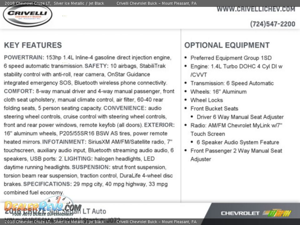 2018 Chevrolet Cruze LT Silver Ice Metallic / Jet Black Photo #7