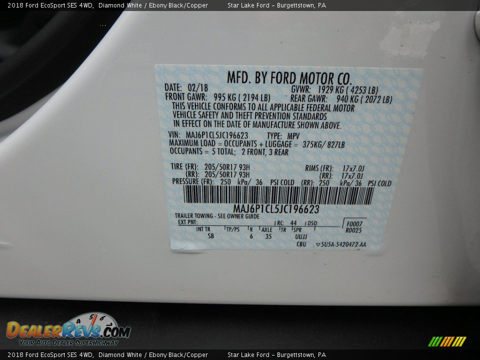 2018 Ford EcoSport SES 4WD Diamond White / Ebony Black/Copper Photo #13