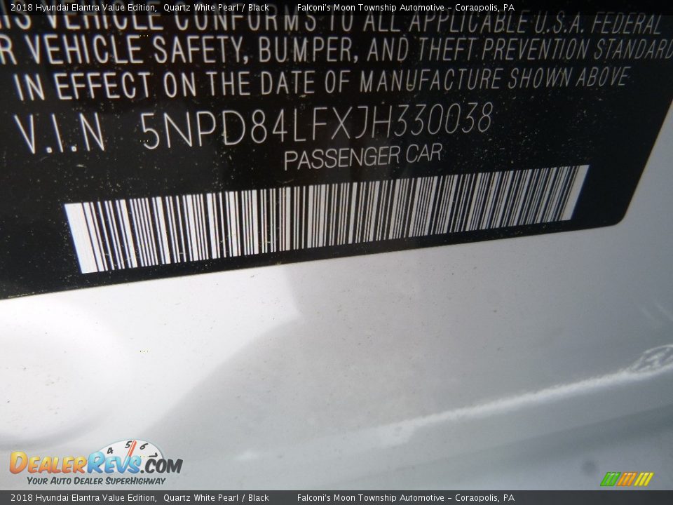 2018 Hyundai Elantra Value Edition Quartz White Pearl / Black Photo #12