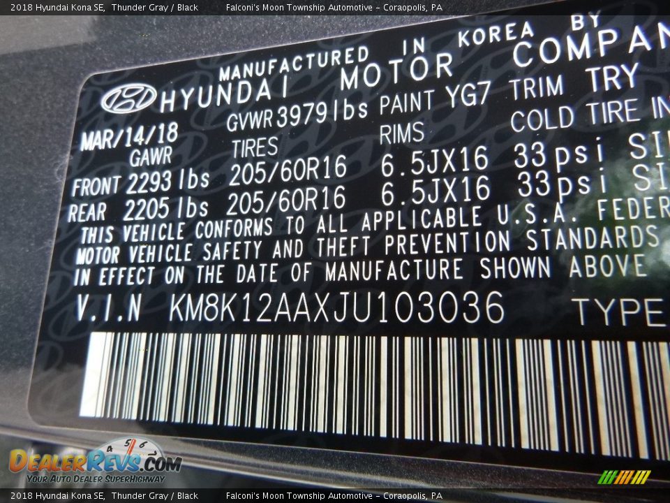 2018 Hyundai Kona SE Thunder Gray / Black Photo #13