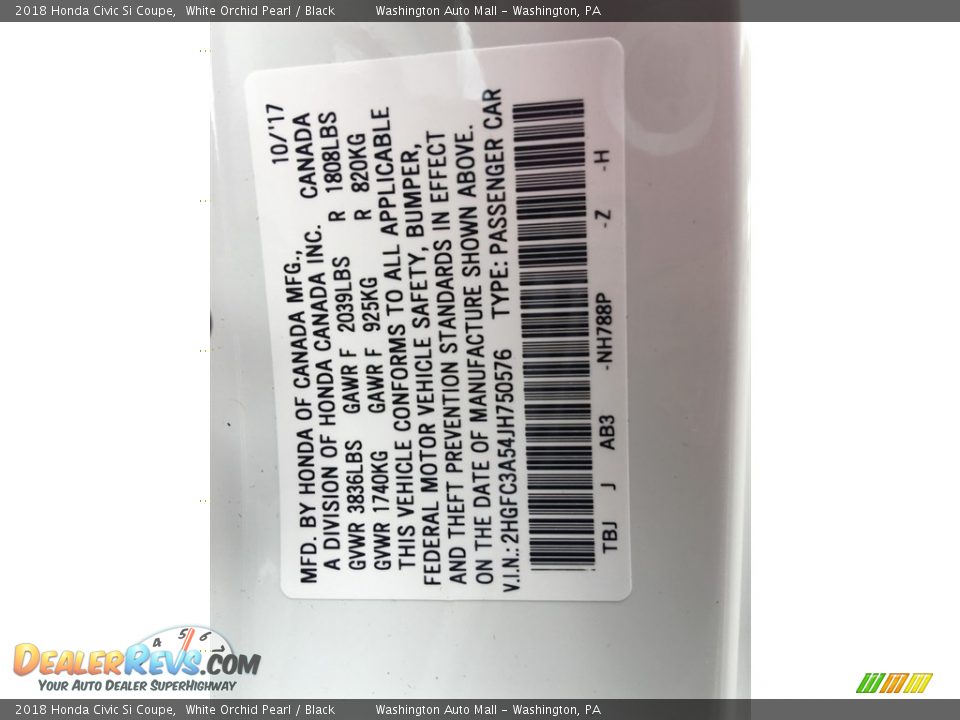 2018 Honda Civic Si Coupe White Orchid Pearl / Black Photo #27