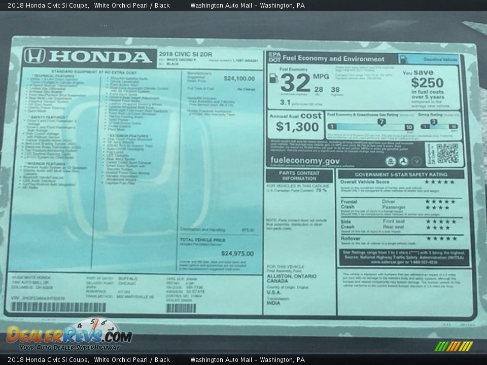 2018 Honda Civic Si Coupe White Orchid Pearl / Black Photo #29
