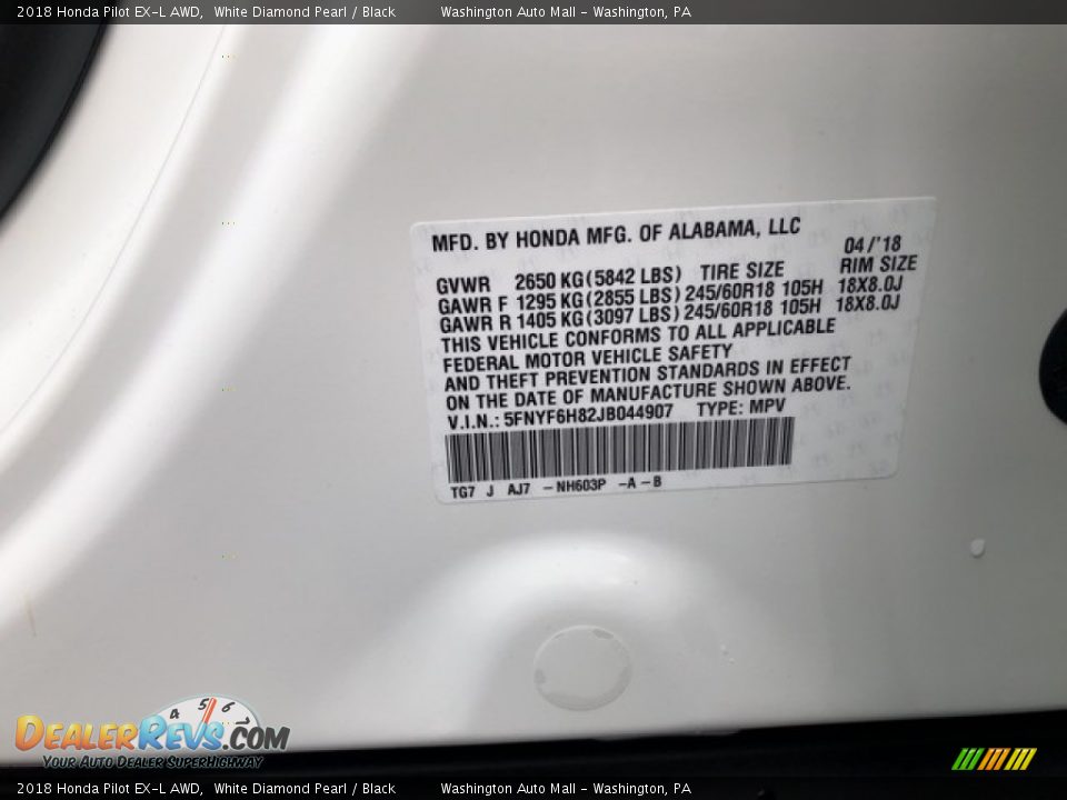 2018 Honda Pilot EX-L AWD White Diamond Pearl / Black Photo #25