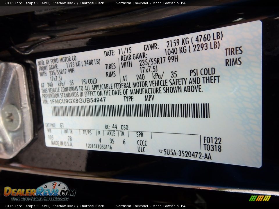 2016 Ford Escape SE 4WD Shadow Black / Charcoal Black Photo #28