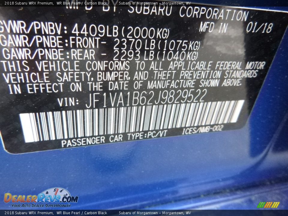 2018 Subaru WRX Premium WR Blue Pearl / Carbon Black Photo #15