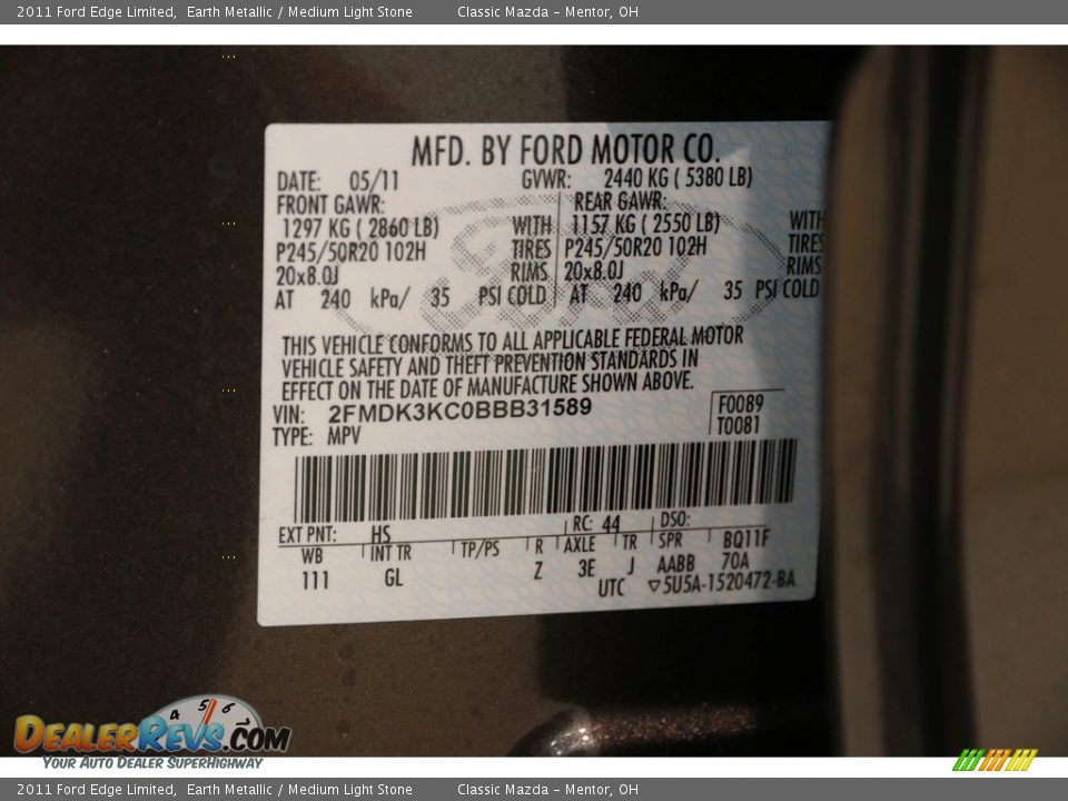 2011 Ford Edge Limited Earth Metallic / Medium Light Stone Photo #20