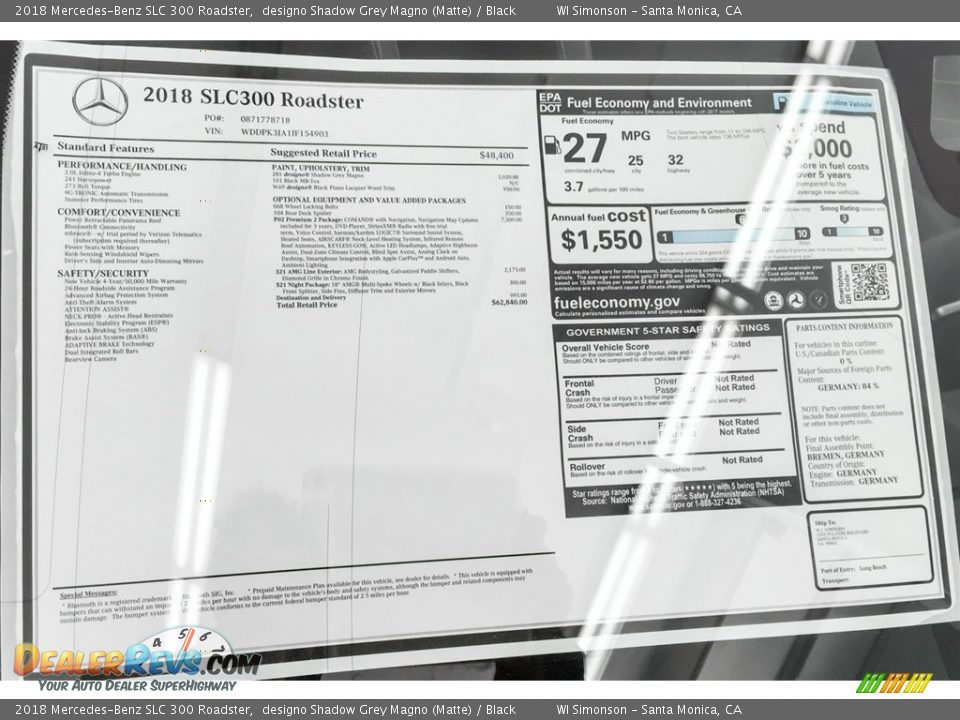 2018 Mercedes-Benz SLC 300 Roadster Window Sticker Photo #10