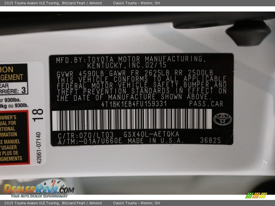 2015 Toyota Avalon XLE Touring Blizzard Pearl / Almond Photo #21