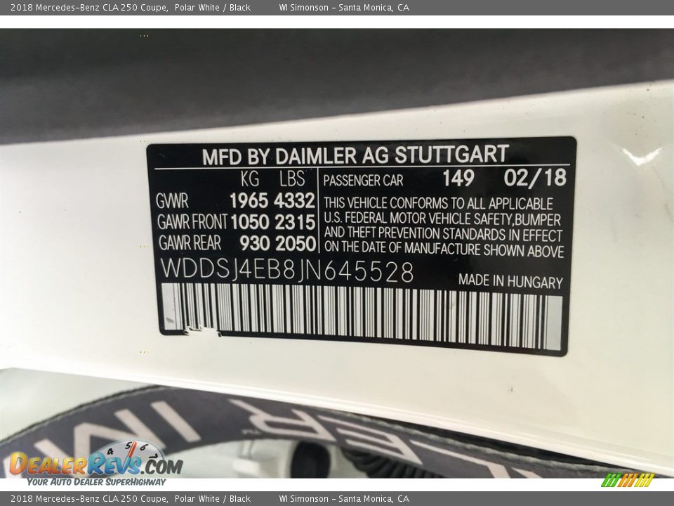 2018 Mercedes-Benz CLA 250 Coupe Polar White / Black Photo #11